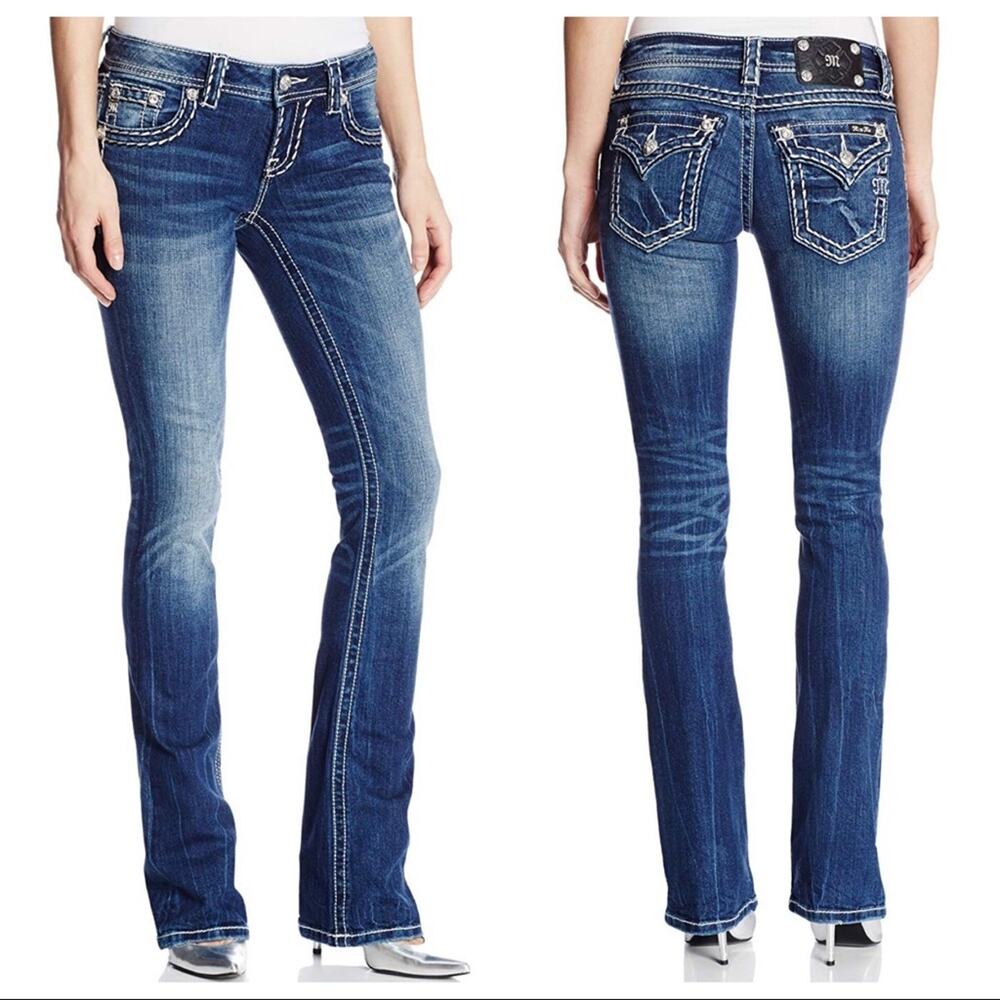 Miss Me | Womens Dark Wash Boot Jeans Blue Denim Thick Stitch Embellished JP5014